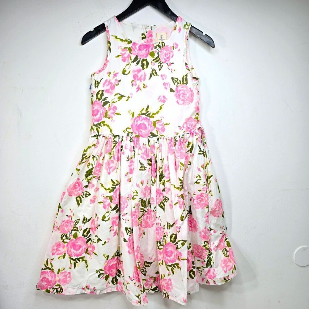 Lands' End Off White Pink PEony Rose Sleeveless Boatneck Fit Flare Party Dress